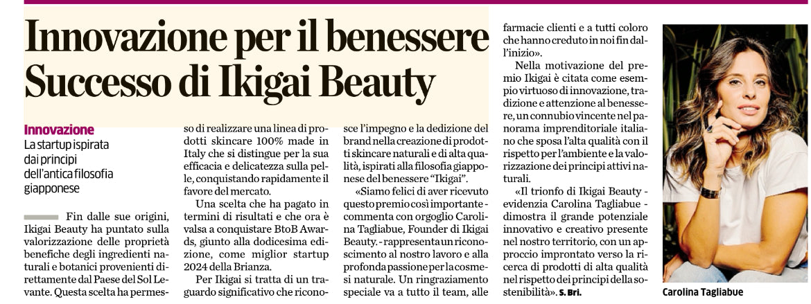 La Provincia di Como: Ikigai Beauty premiata come Miglior Start Up 2024 della Brianza ai BtoB Awards